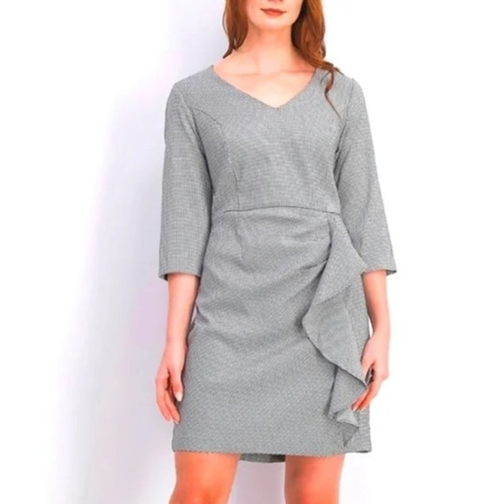 Betsy Johnson 14W Black White Houndstooth Plaid Formal Dress Ruffles 3/4 Sleeves